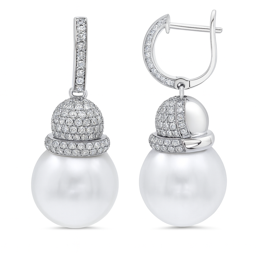 18KW White South Sea Pearl Earrings, 12-13mm