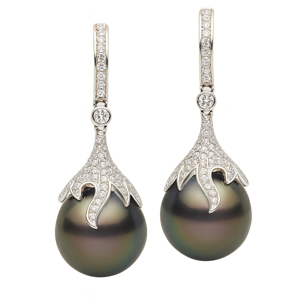 18K White Gold Tahitian Pearl Earrings, 12-13mm, 0.73ct