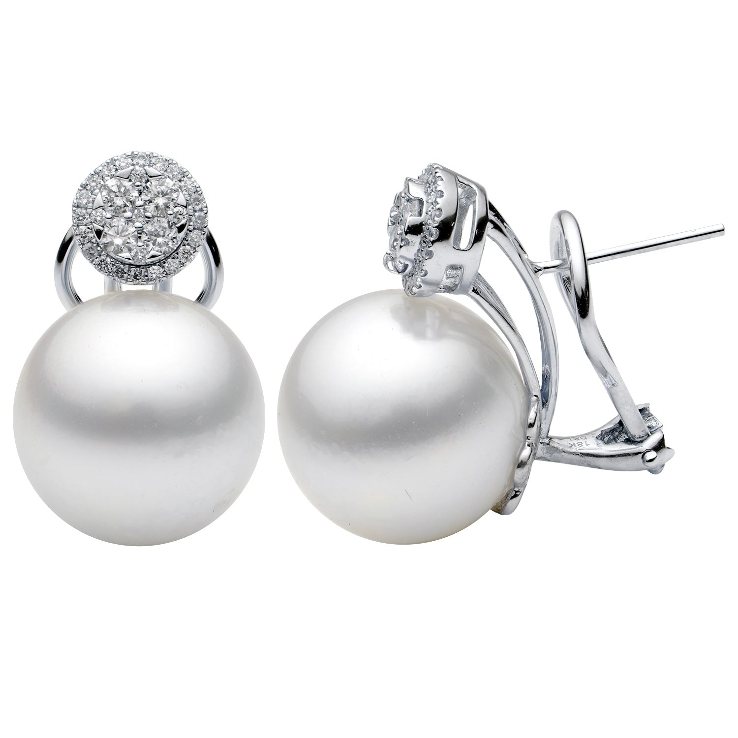 18KW White South Sea Pearl Earrings, 14-15mm