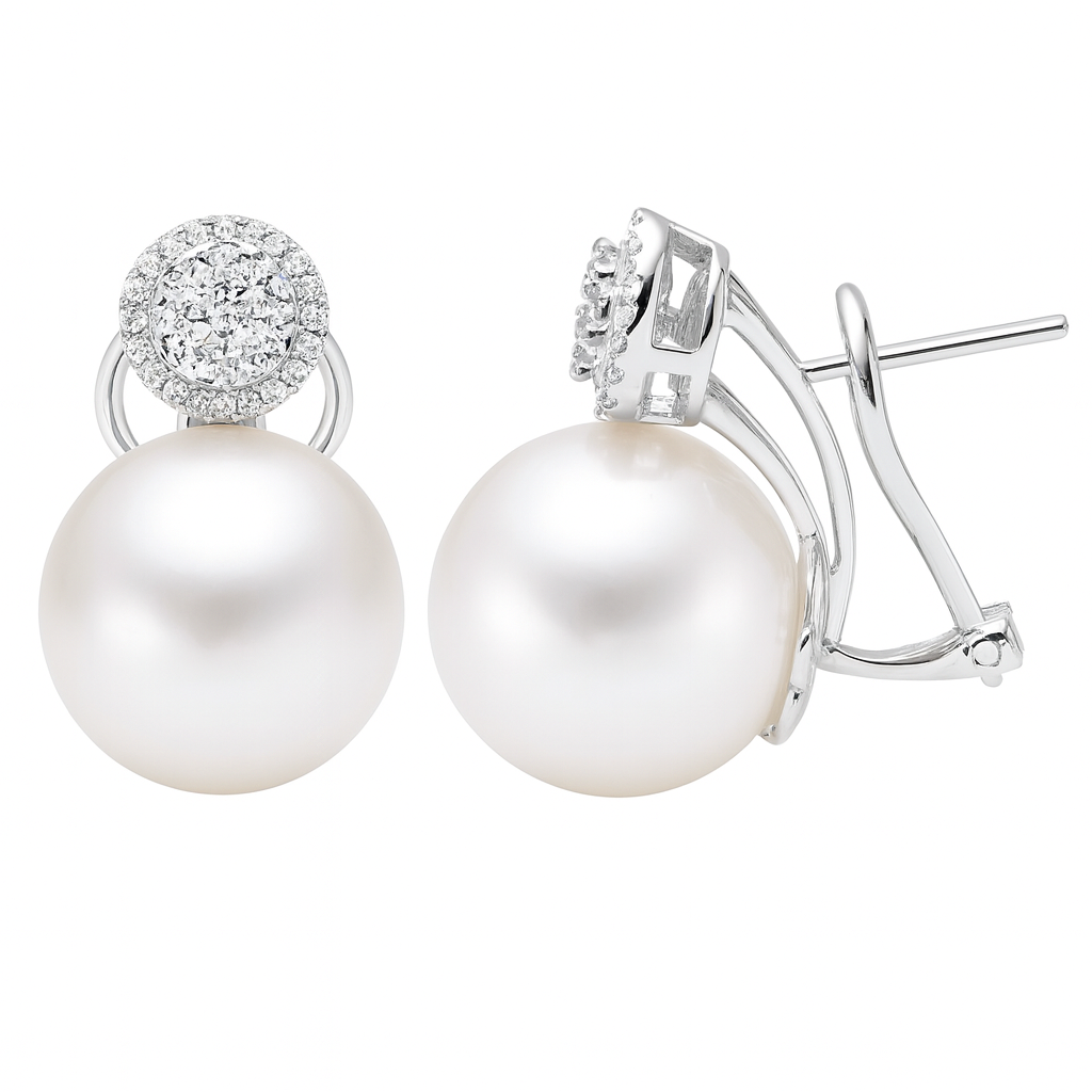 18KW White South Sea Pearl Earrings, 14-15mm