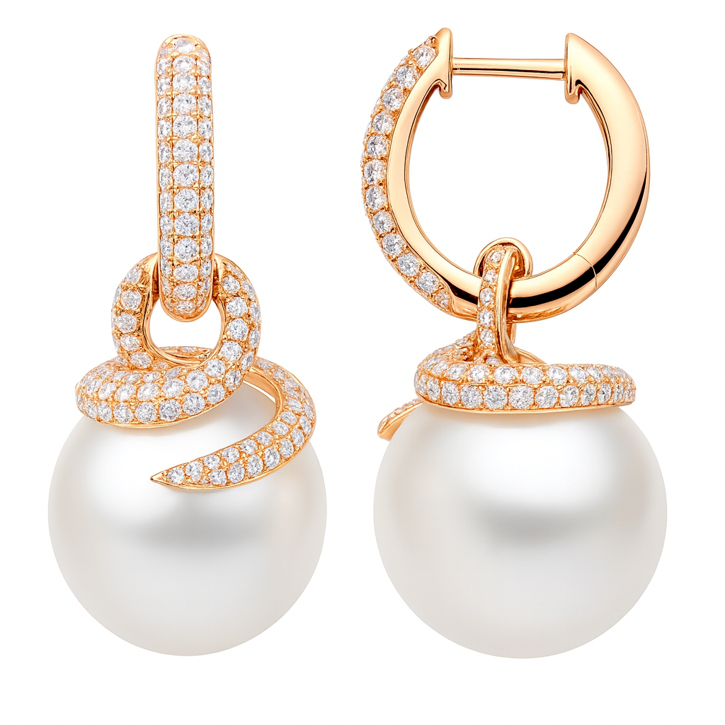 18KR White South Sea Pearl Earrings, 14-15mm