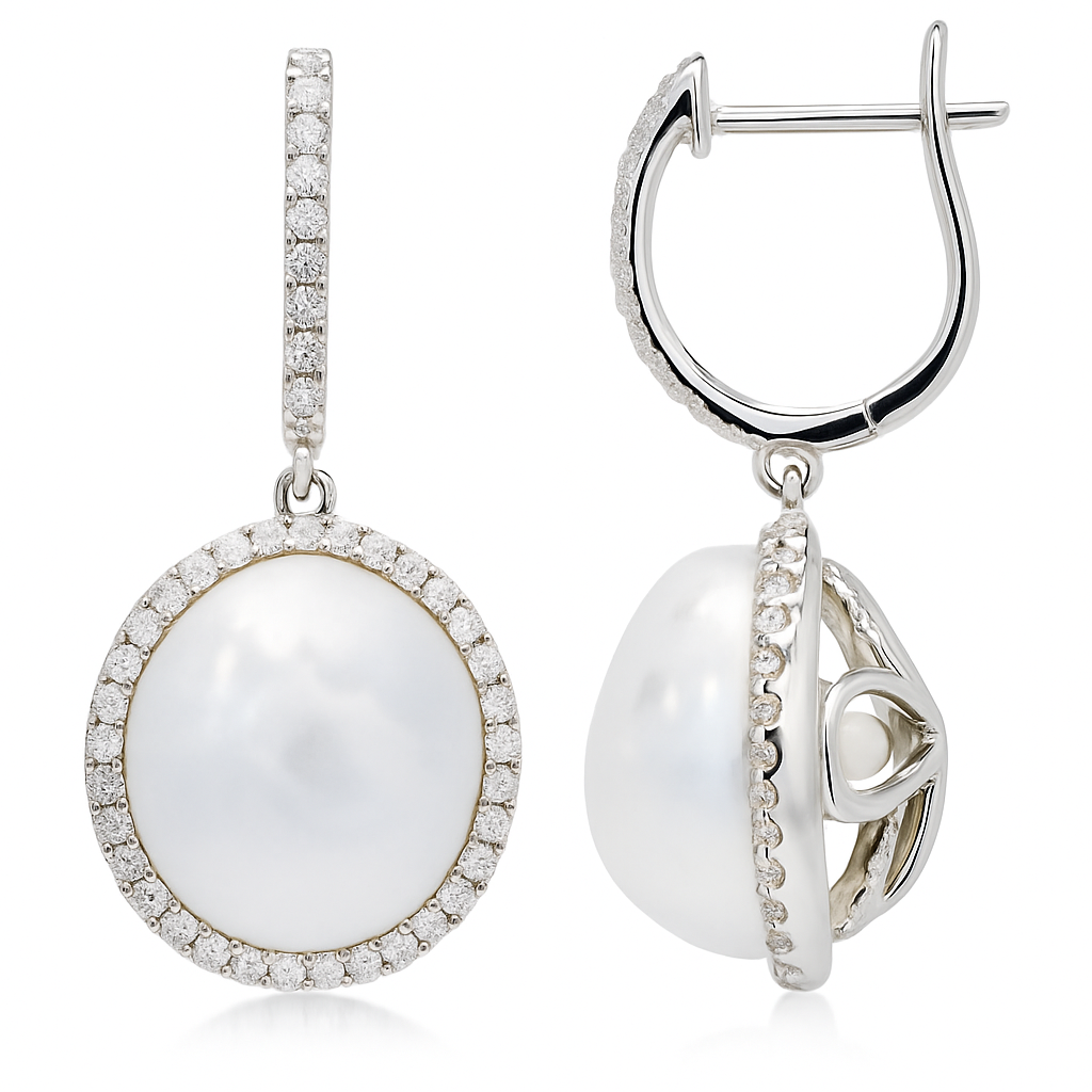 18KW White South Sea Pearl Earrings, 12-13mm
