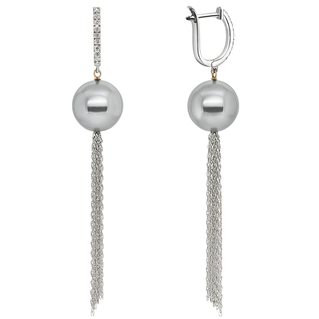 18K White Gold Tahitian Pearl Earrings, 13-14mm, 0.11ct