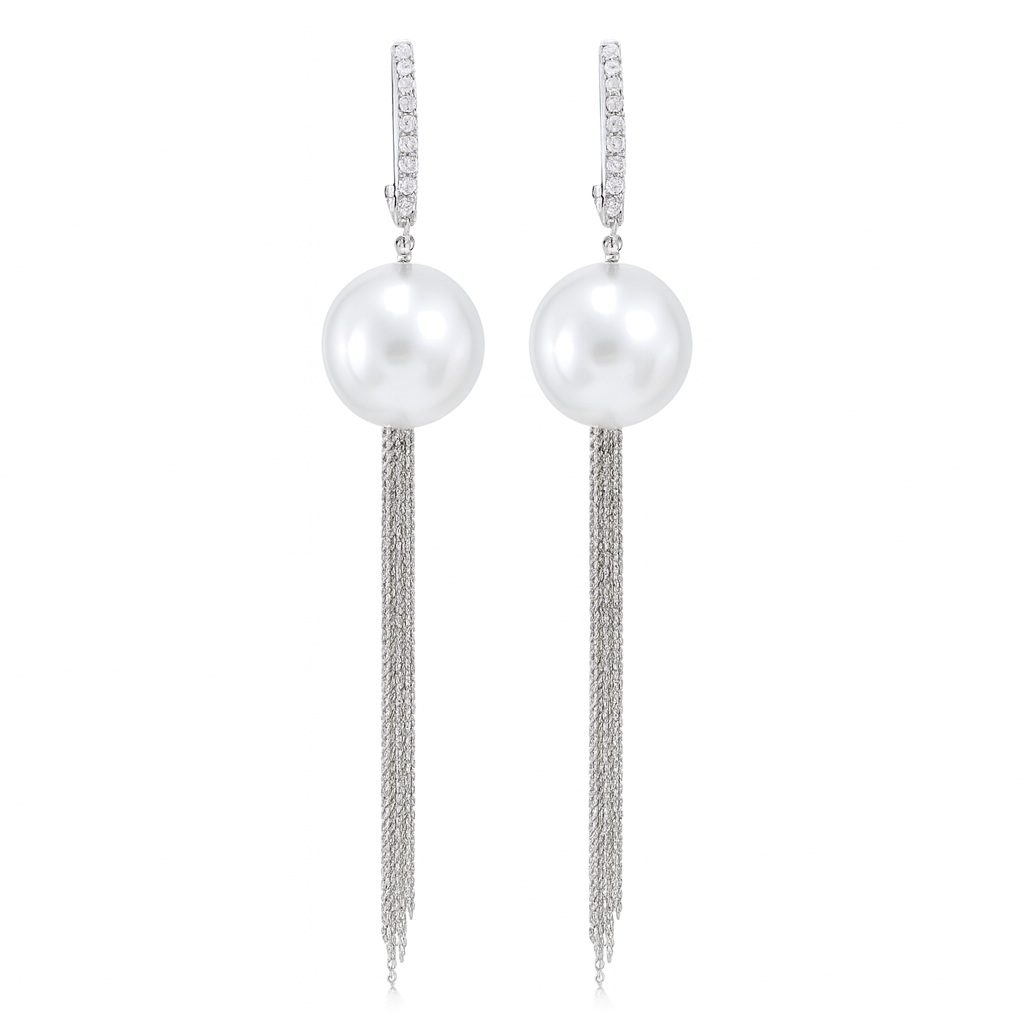 18KW White South Sea Pearl Earrings, 13-14mm