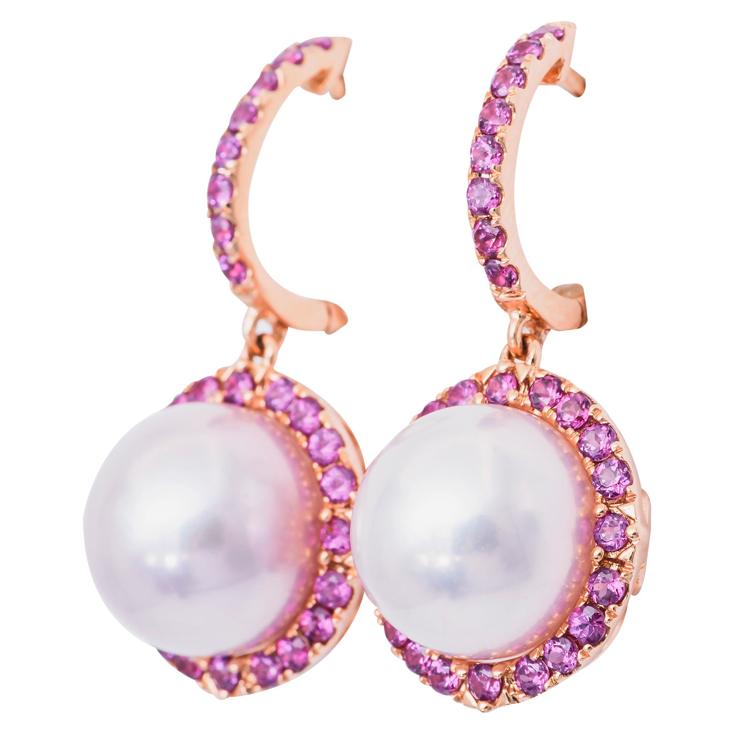 18K Rose Gold Freshwater Pearl Amethyst Earrings, 11-12mm, 1.6ct