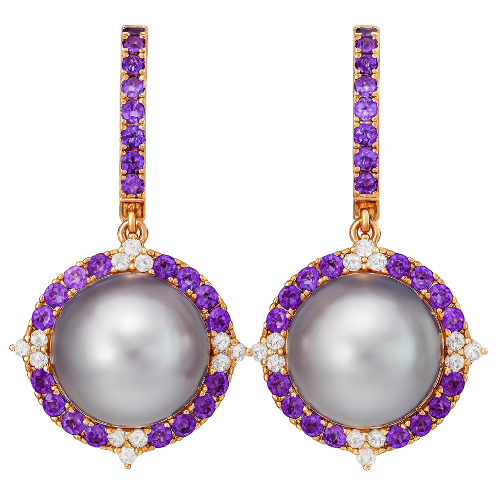 18K Rose Gold Amethyst Pearl Earrings, 11-12mm, 1.17ct