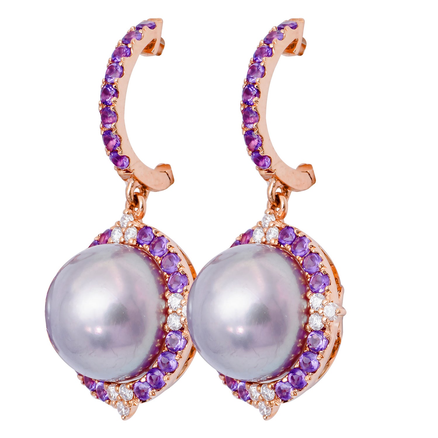 18K Rose Gold Amethyst Pearl Earrings, 11-12mm, 1.17ct