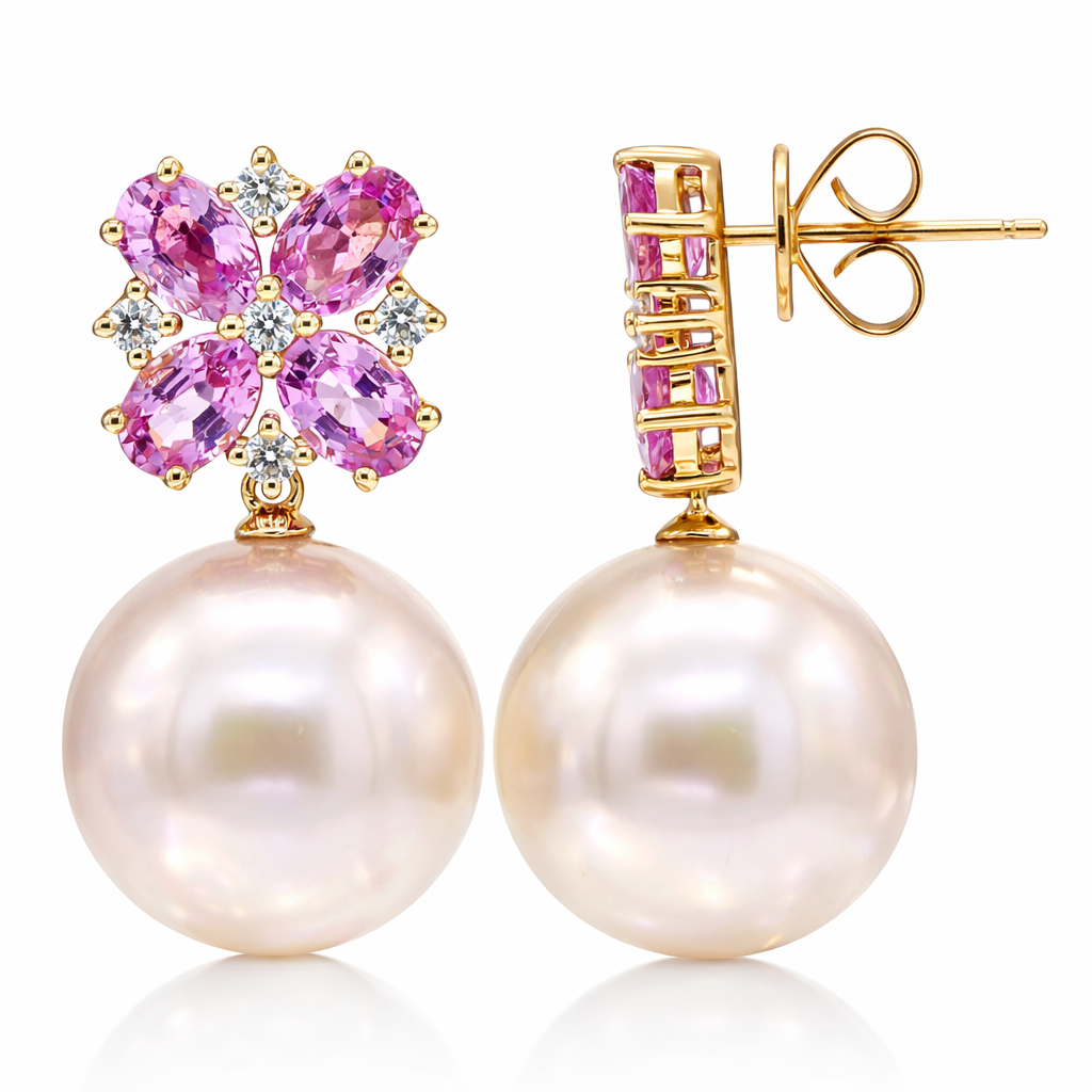 18K Rose Gold Pink Sapphire Earrings, 14-15mm, 4.81ct
