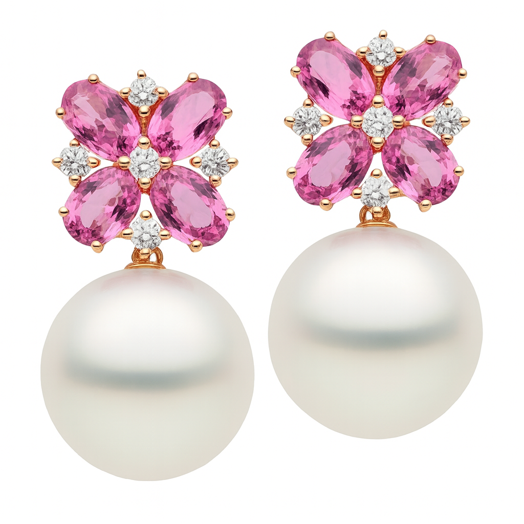18KR White South Sea Pearl Earrings, 13-14mm