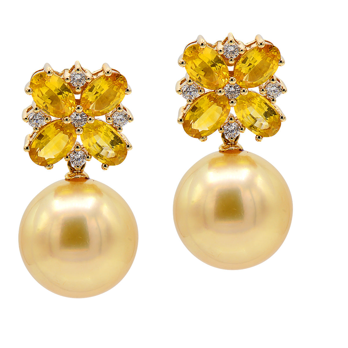 18KY White South Sea Pearl Earrings, 13-14mm