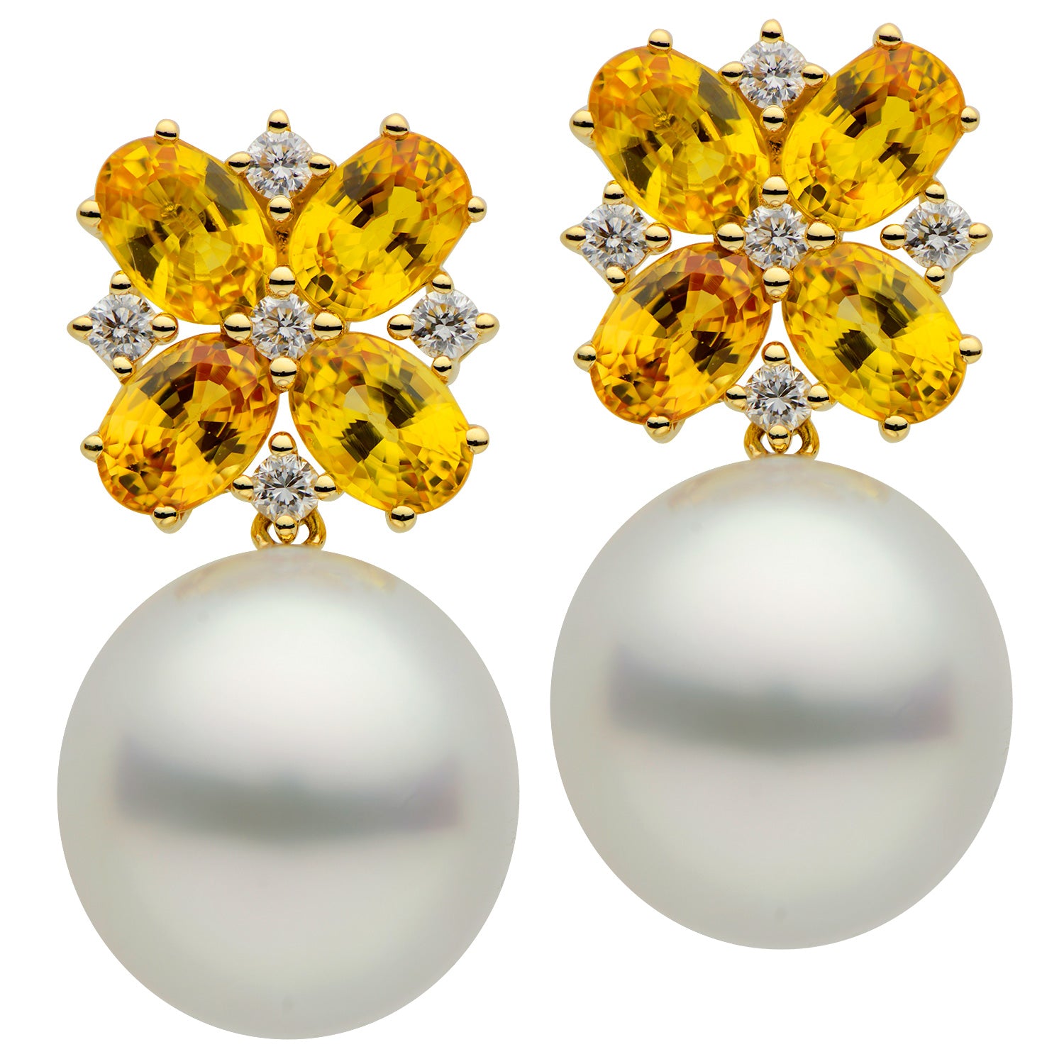 18KY White South Sea Pearl Earrings, 13-14mm