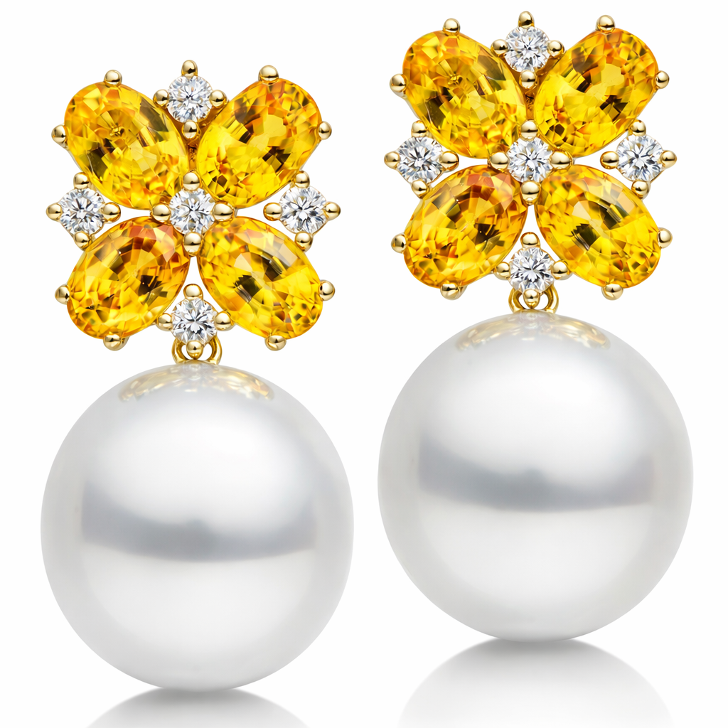 18K Yellow Gold Yellow Sapphire Earrings, 13-14mm, 4.56ct