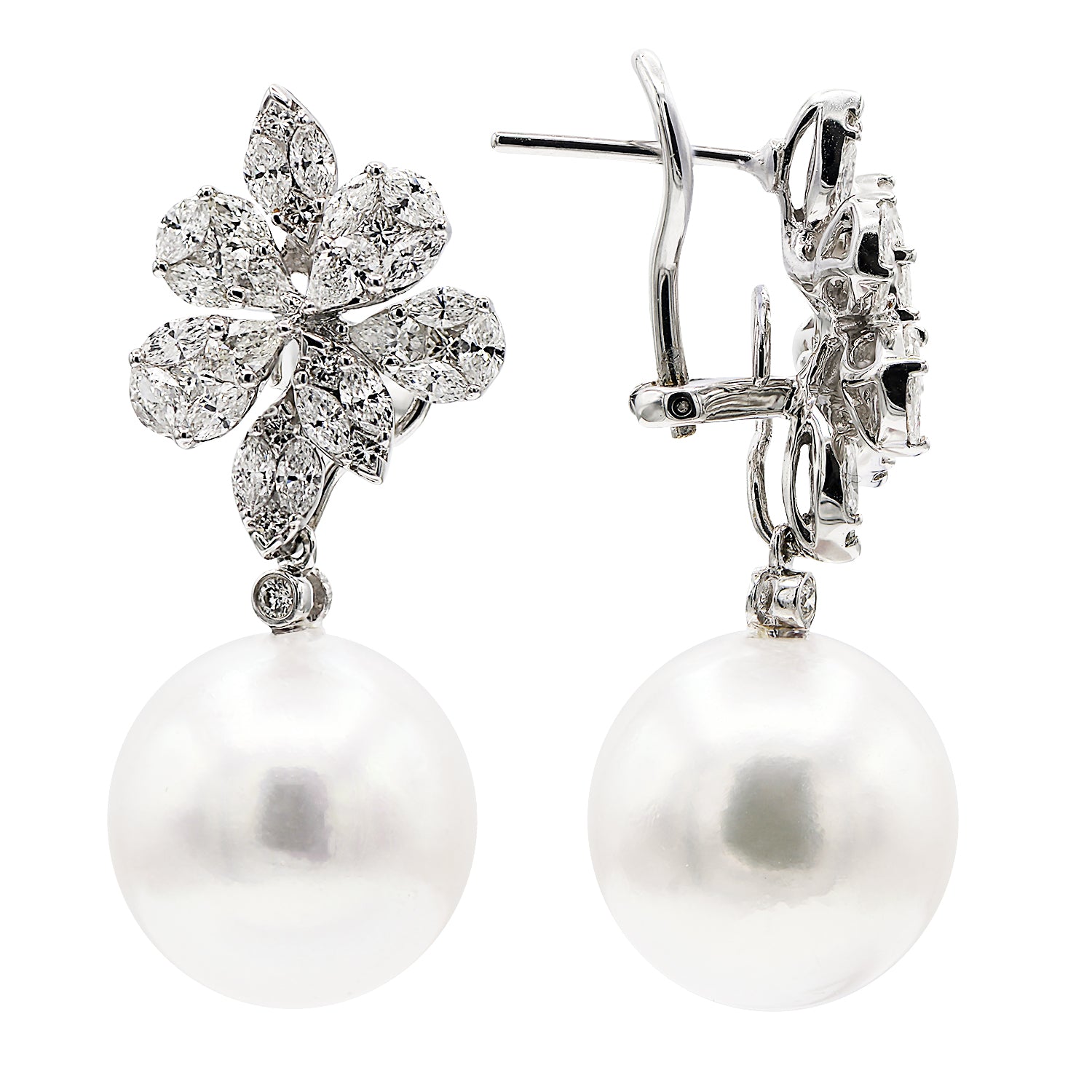 18Kw White South Sea Pearl Earrings, 14-15mm
