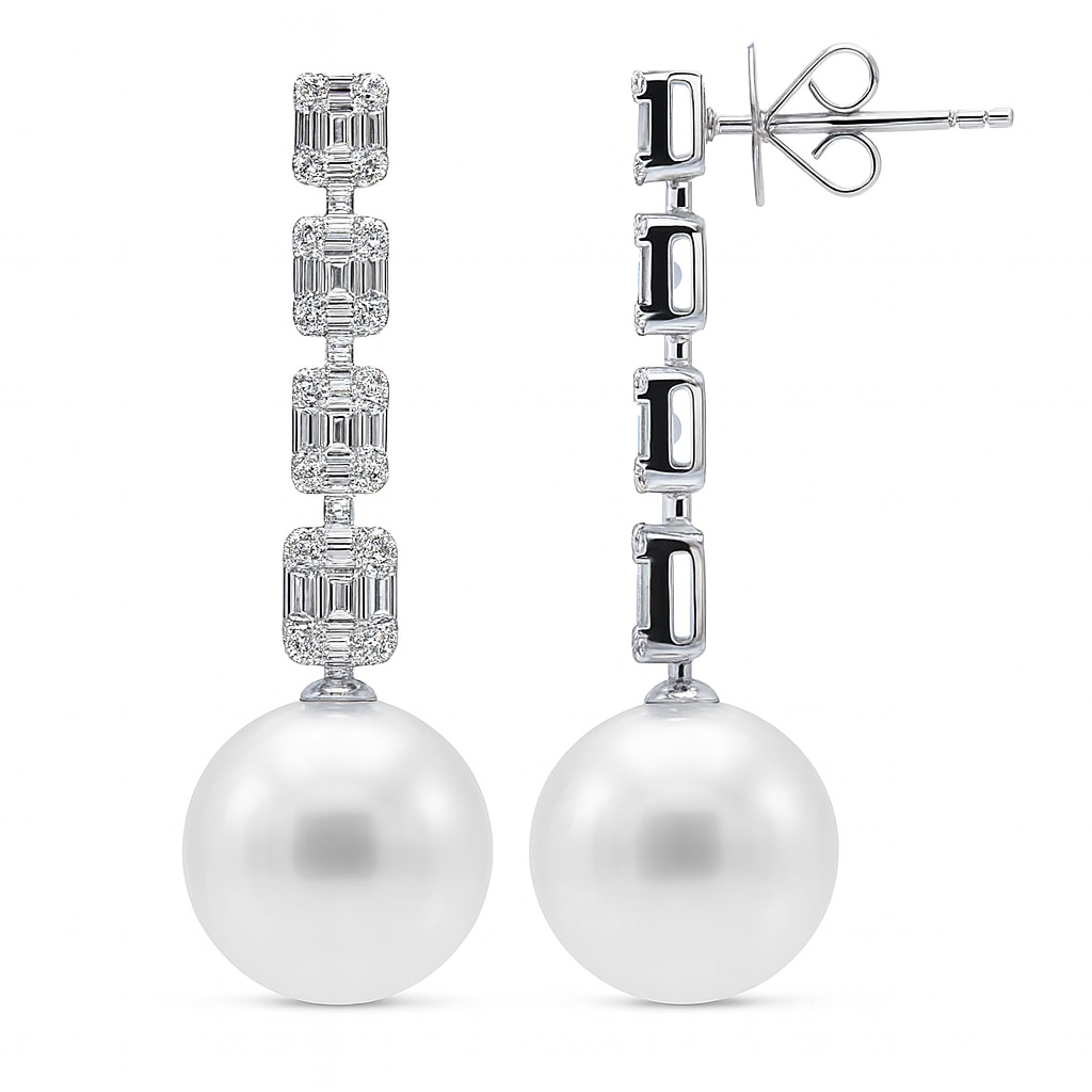 18KW White South Sea Pearl and Illusion Emerald Diamond Earrings, 14-15mm