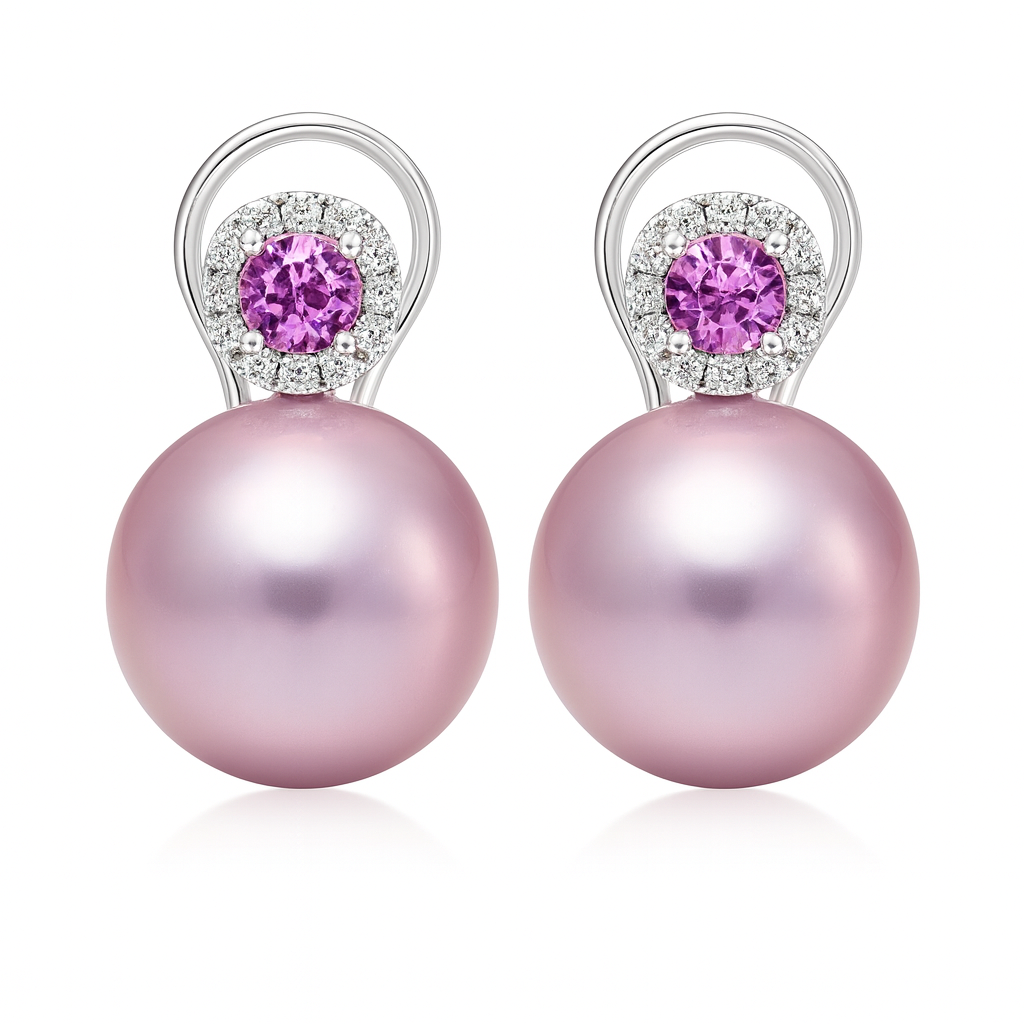 18K White Gold Sapphire Pearl Earrings, 14-15mm, 0.59ct