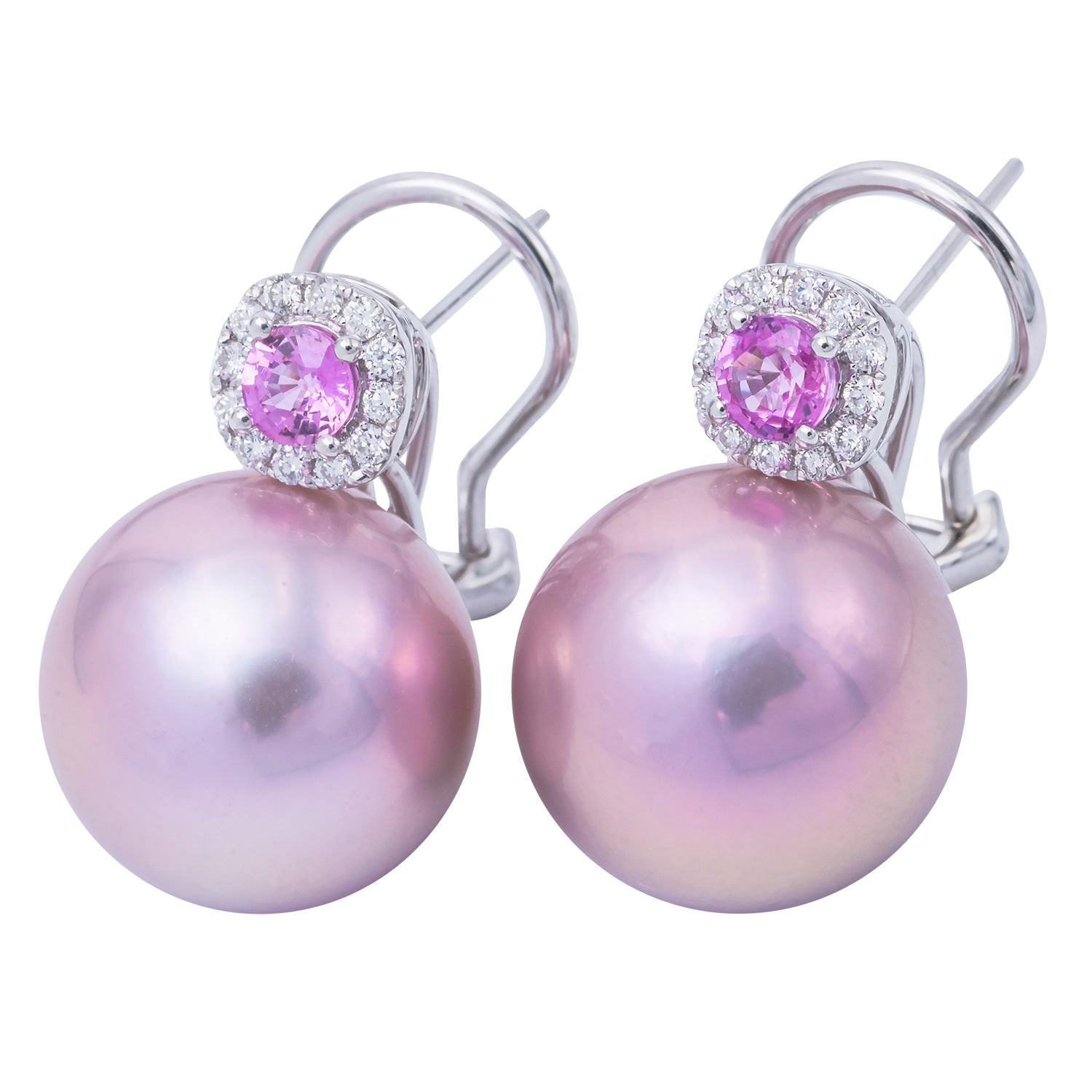 18K White Gold Sapphire Pearl Earrings, 14-15mm, 0.59ct