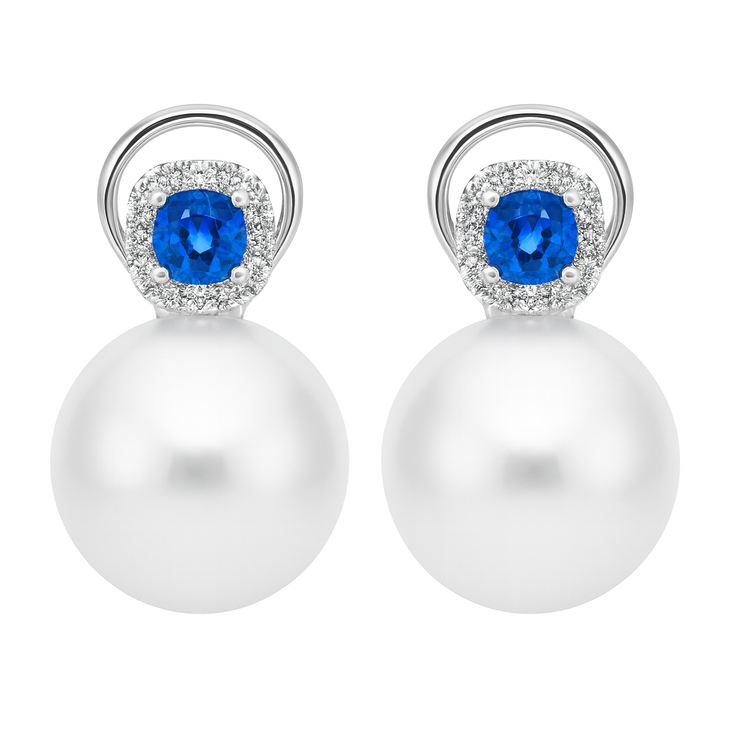 18KW White South Sea Pearl Earrings, 14-15mm