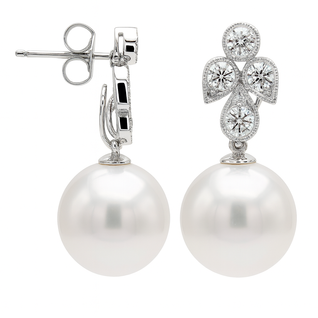 18KW White South Sea Pearl Earrings, 13-14mm