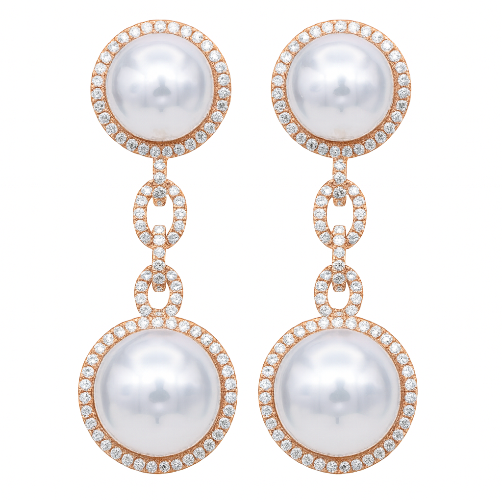 18KR White South Sea Pearl Earrings, 12-14mm