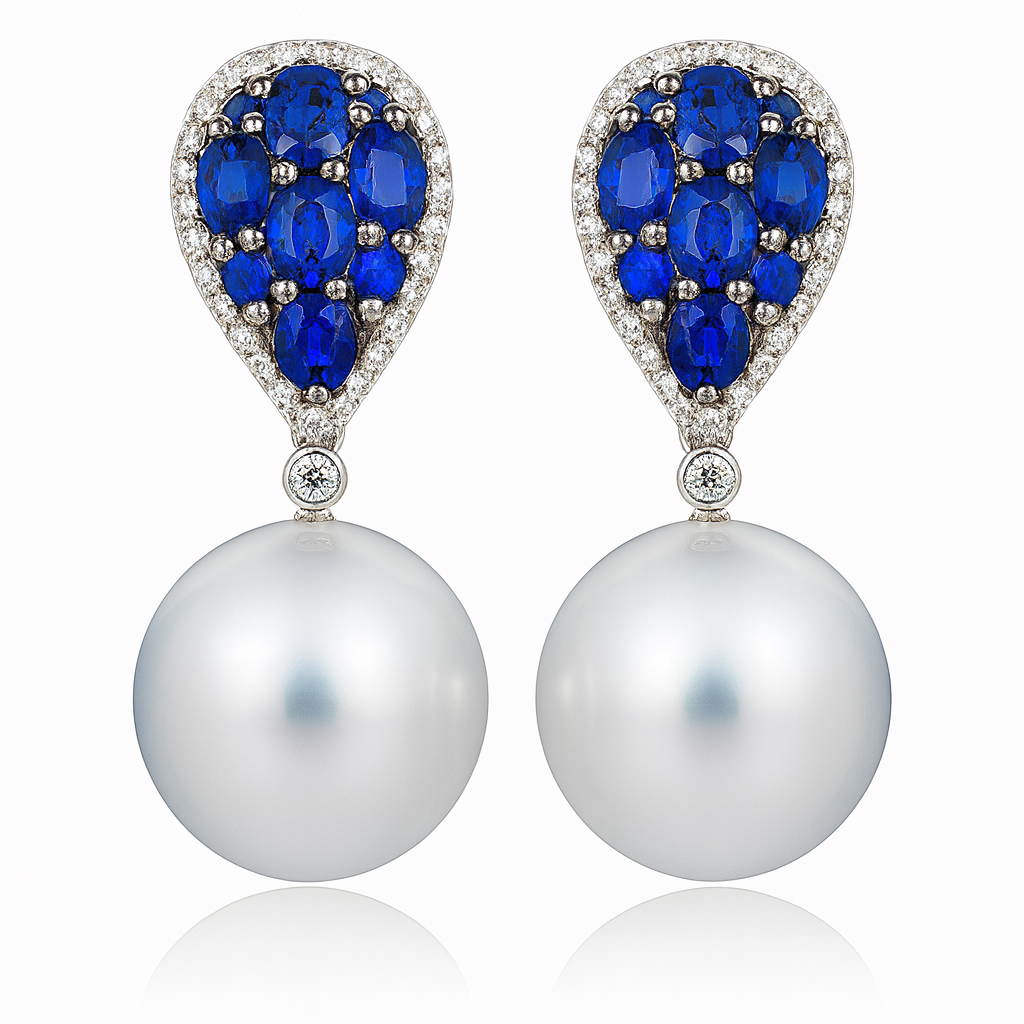 18KW White South Sea Pearl Earrings, 13-14mm