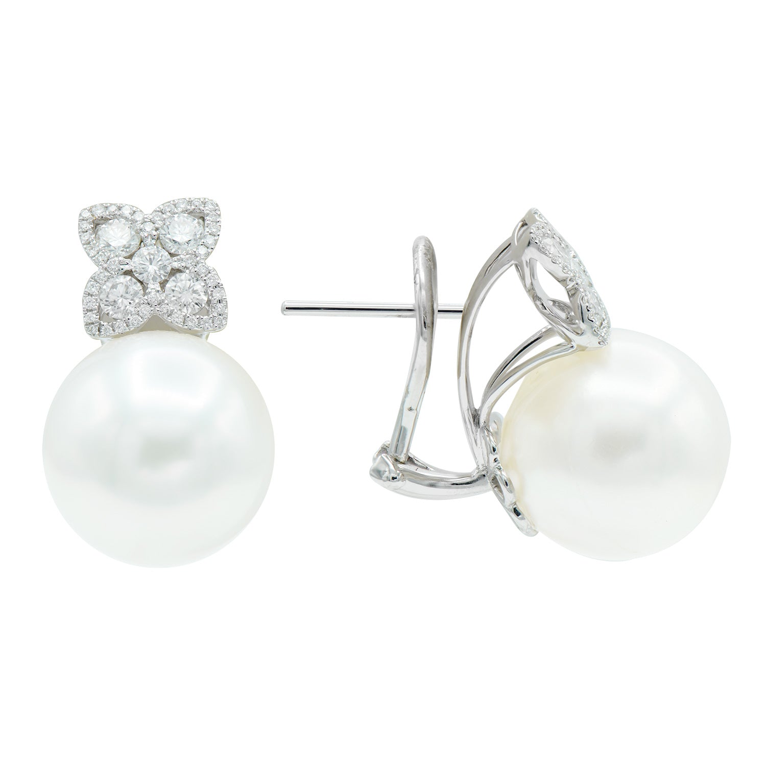 18KW White South Sea Pearl Earrings, 15-16mm