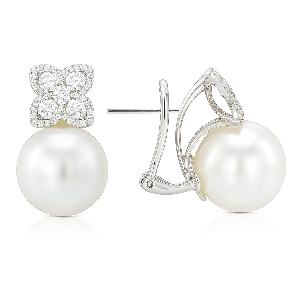18KW White South Sea Pearl Earrings, 15-16mm