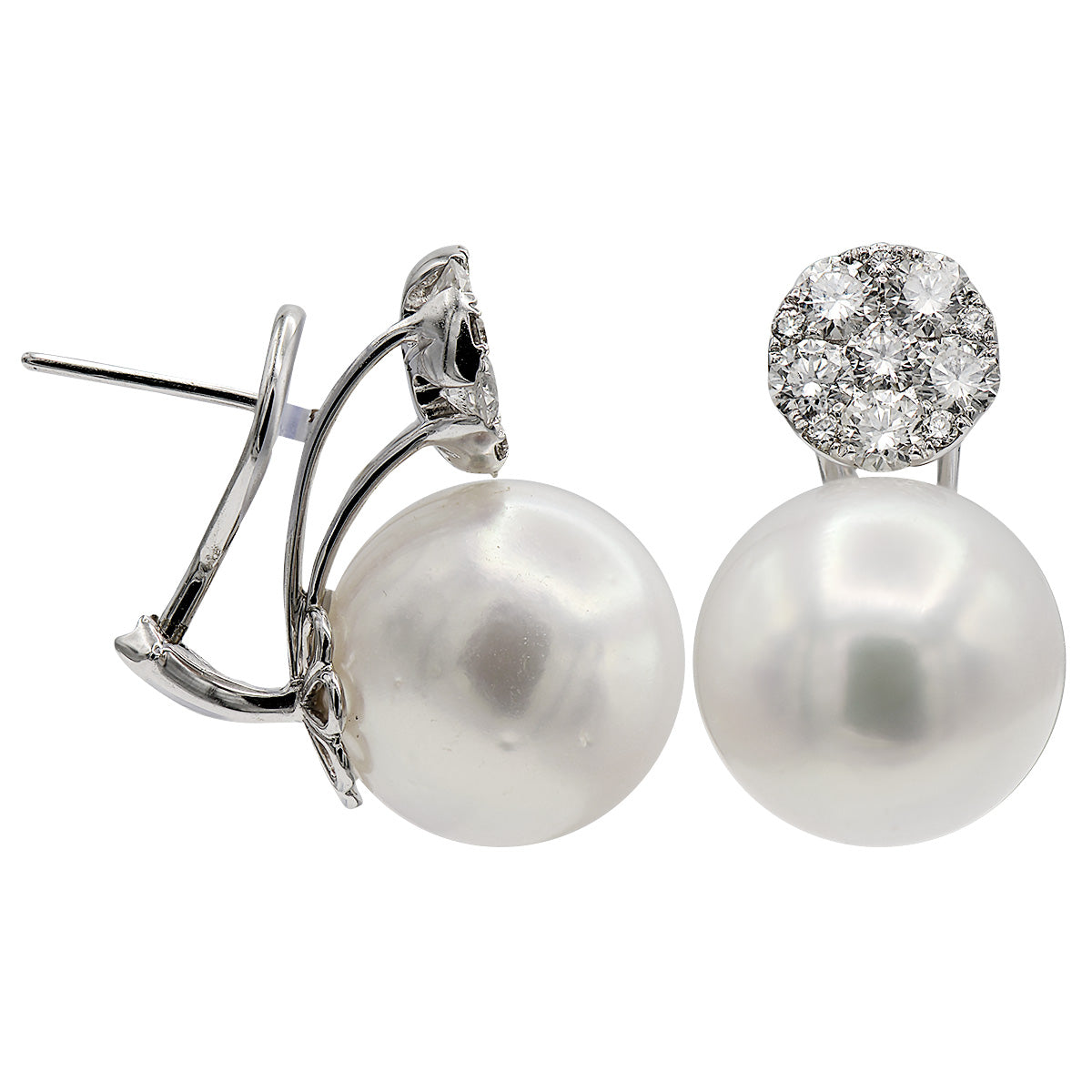 18KW White South Sea Pearl Earrings, 15-16mm