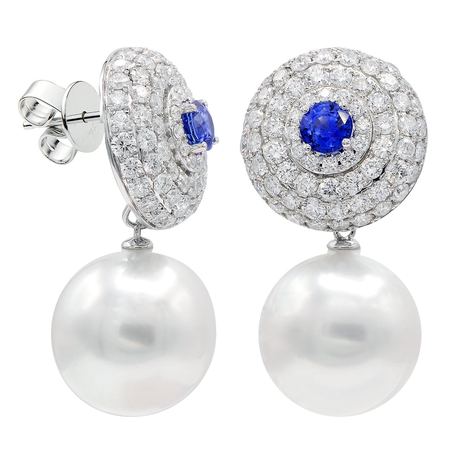 18KW White South Sea Pearl Earrings, 14-15mm