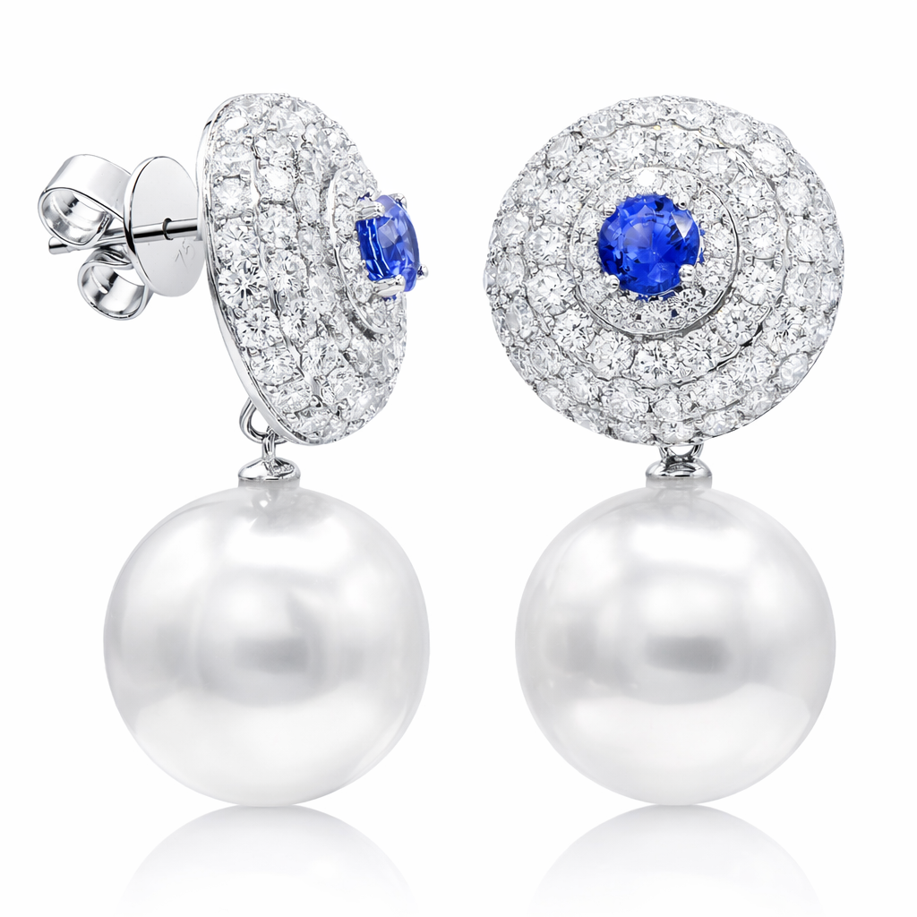 18K White Gold South Sea Pearl Earrings, 14-15mm, 0.95ct