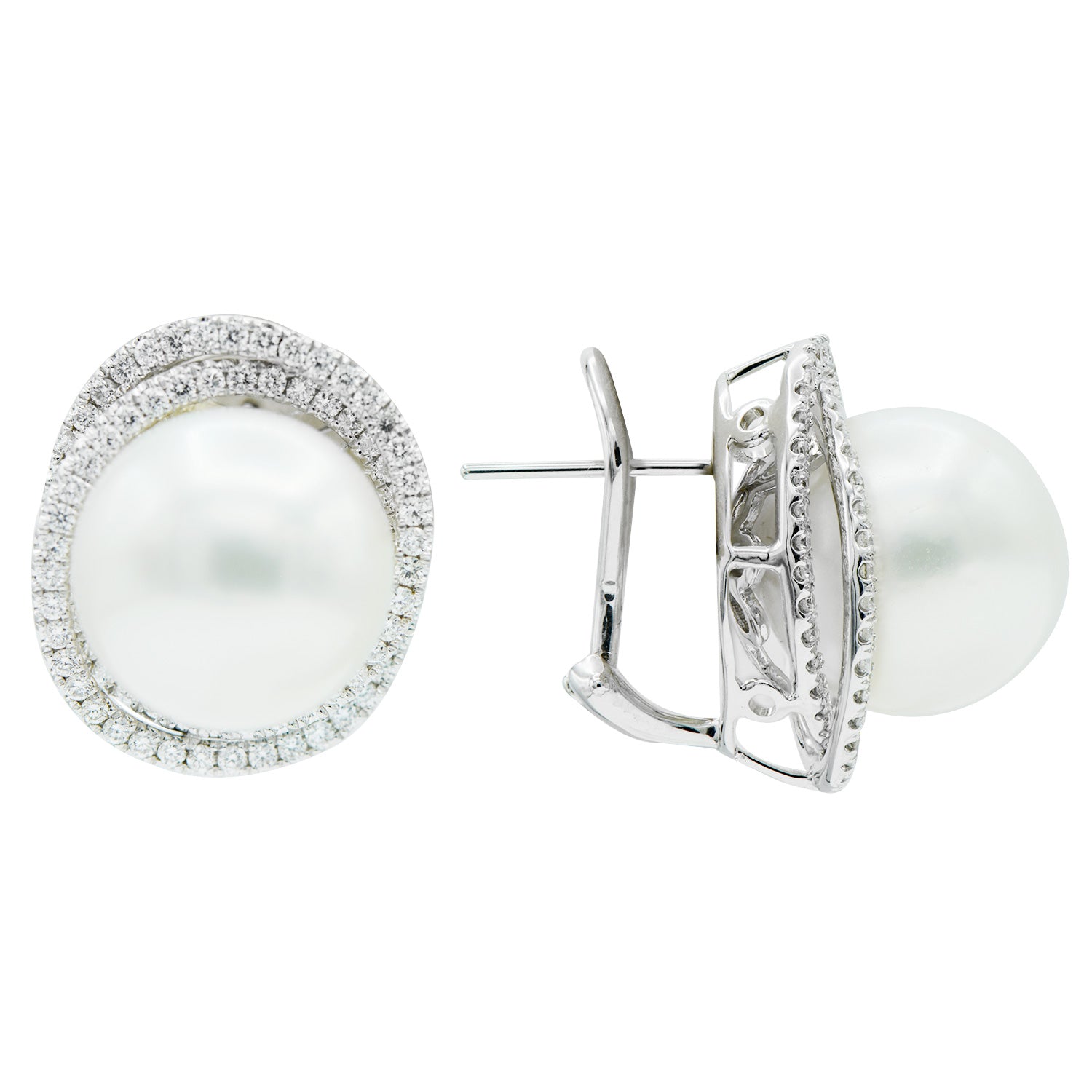 18KW White South Sea Pearl Earrings, 13-14mm