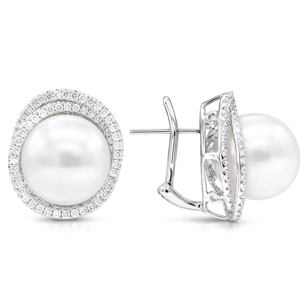 18K White Gold South Sea Pearl Earrings, 13-14mm, 1.07ct
