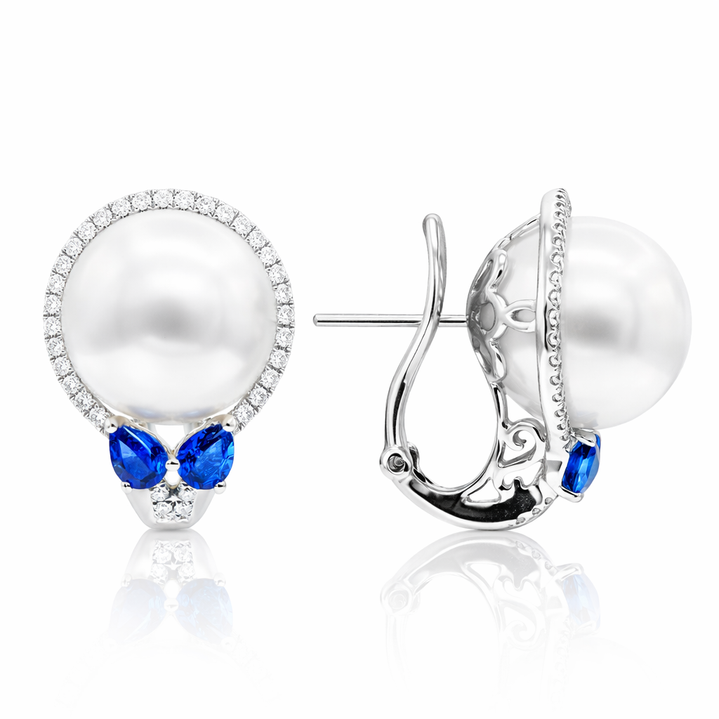 18K White Gold South Sea Pearl Earrings, 13-14mm, 0.11ct