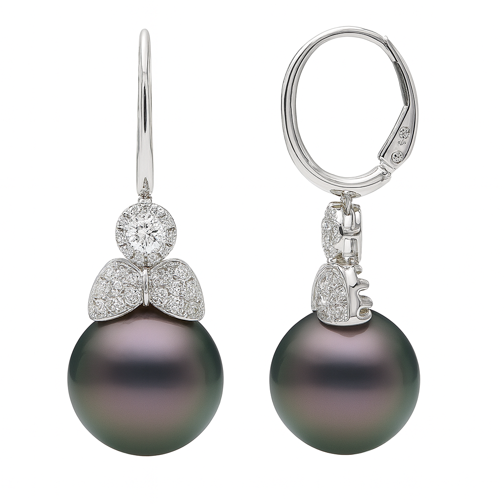 18K White Gold Tahitian Pearl Earrings, 13-14mm, 0.75ct