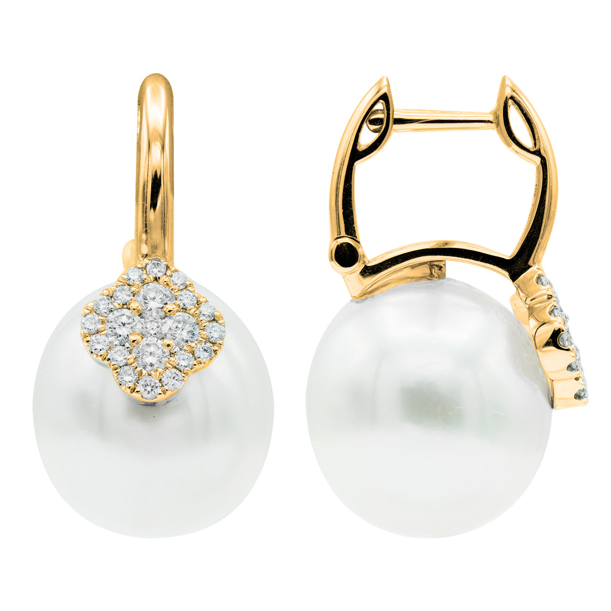 18K Yellow Gold South Sea Pearl Earrings, 12-13mm, 0.44ct