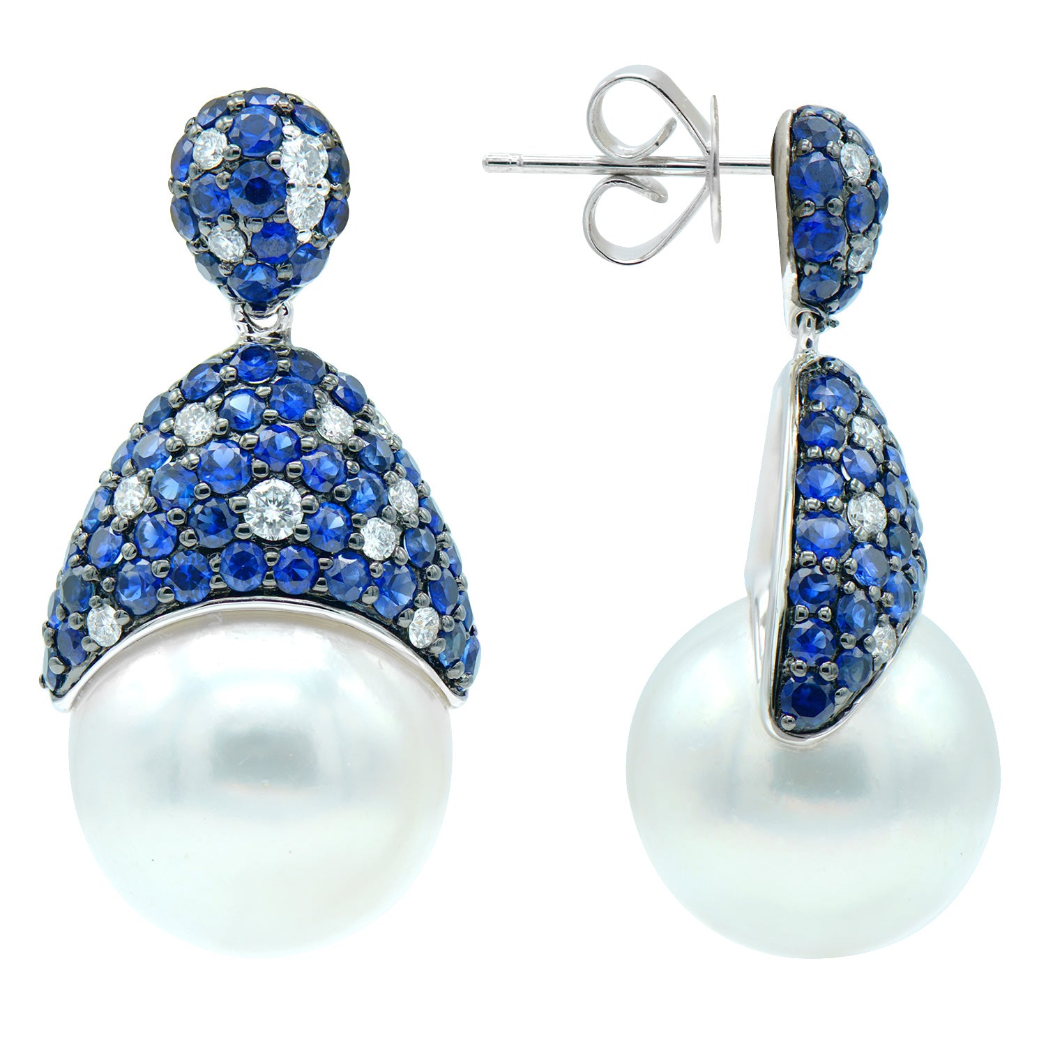 18KW White South Sea Pearl Earrings, 13-14mm