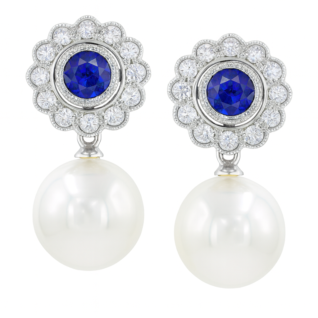 18K White Gold South Sea Pearl Earrings, 13-14mm, 1.4ct