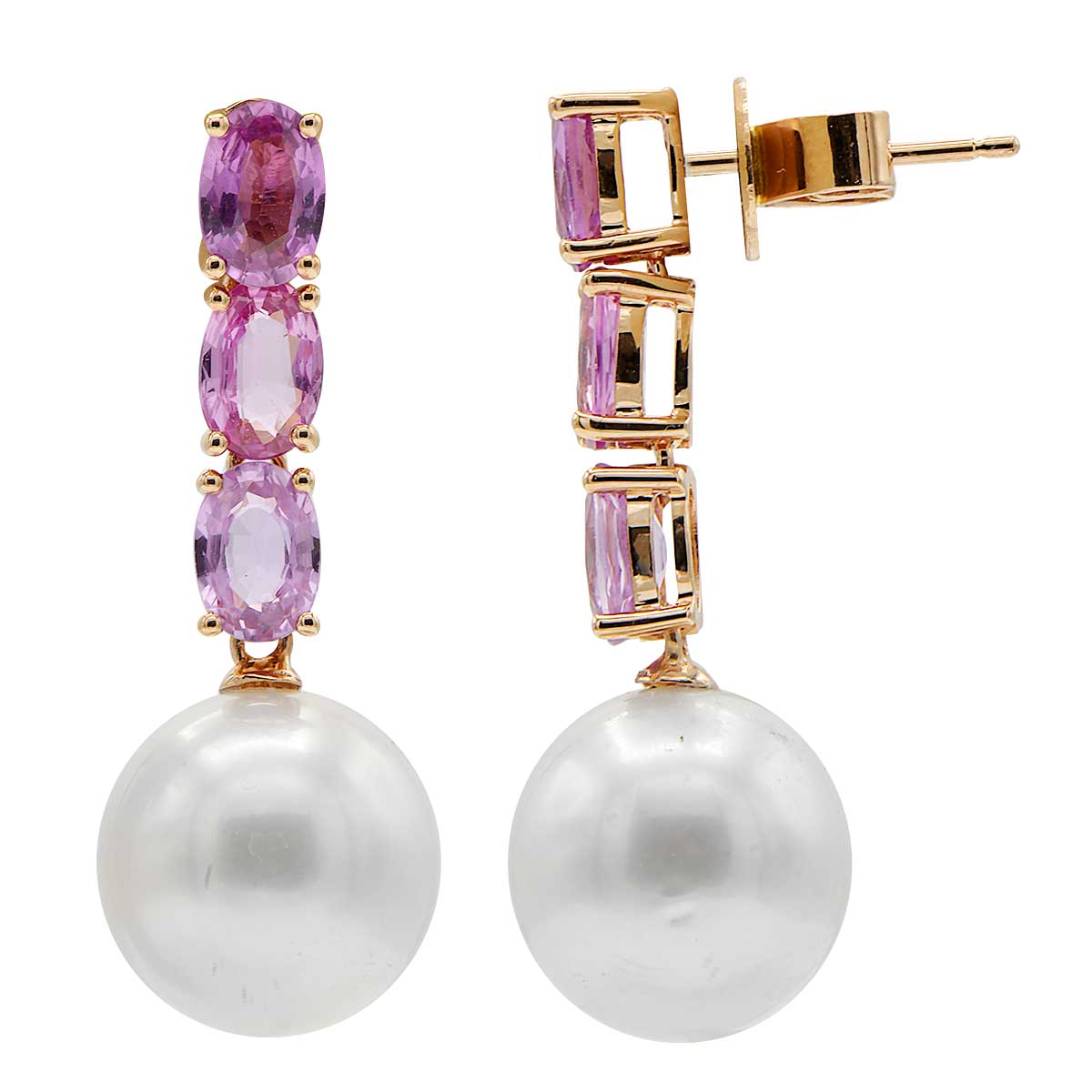 18KR White South Sea Pearl Earrings, 11-12mm