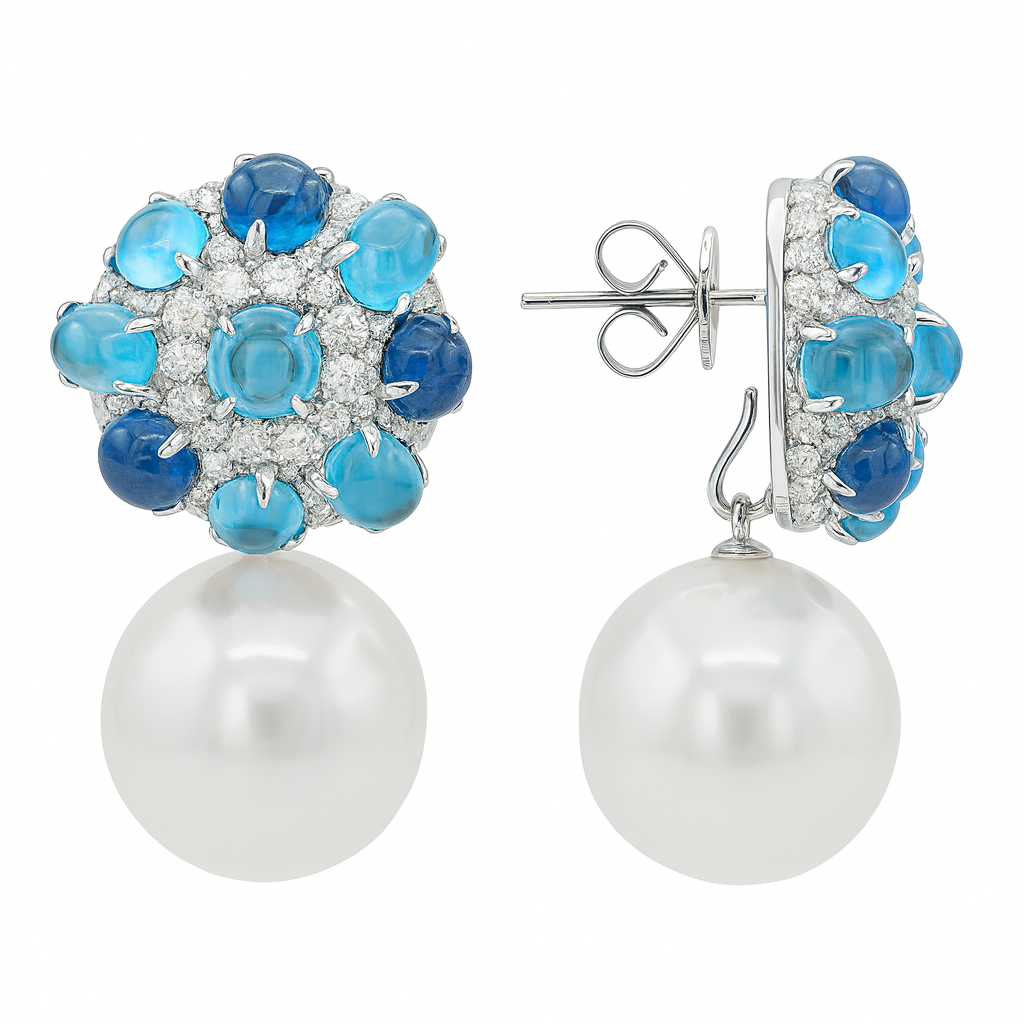18K White Gold Blue Sapphire South Sea Pearl Earrings, 15-16mm, 10.6ct