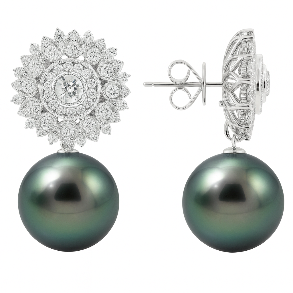 18K White Gold Tahitian Pearl Earrings, 14-15mm, 1.84ct