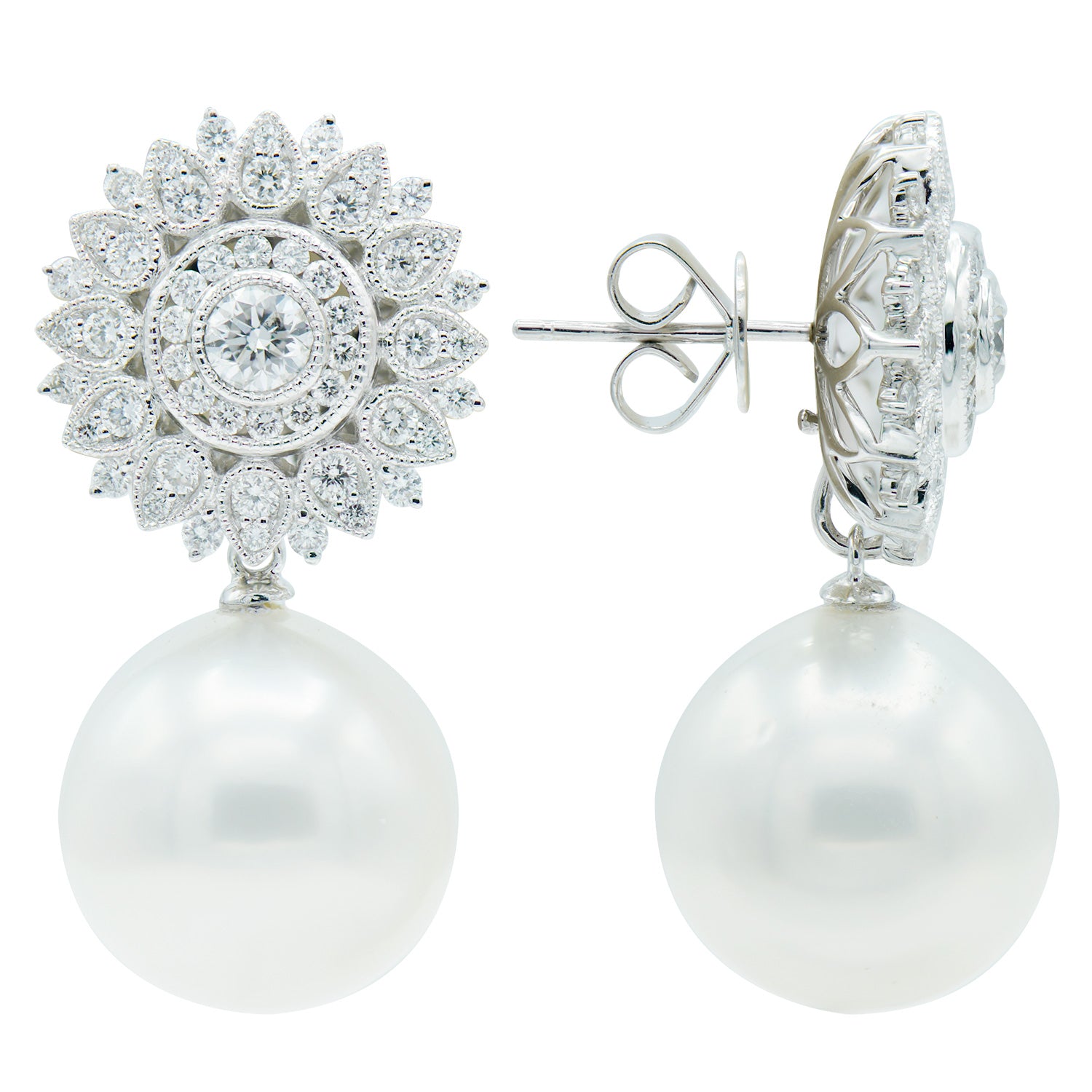 18KW White South Sea Pearl Earrings, 14-15mm
