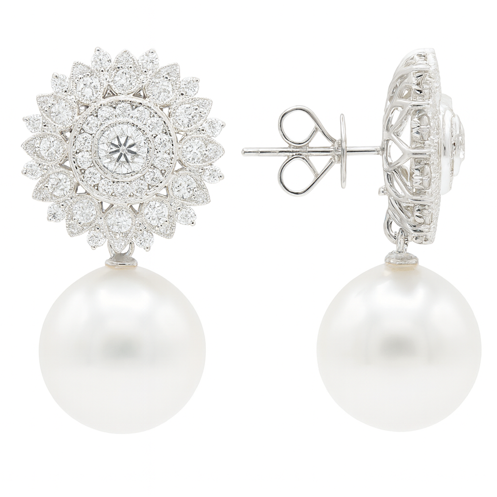 18K White Gold South Sea Pearl Earrings, 14-15mm, 1.82ct