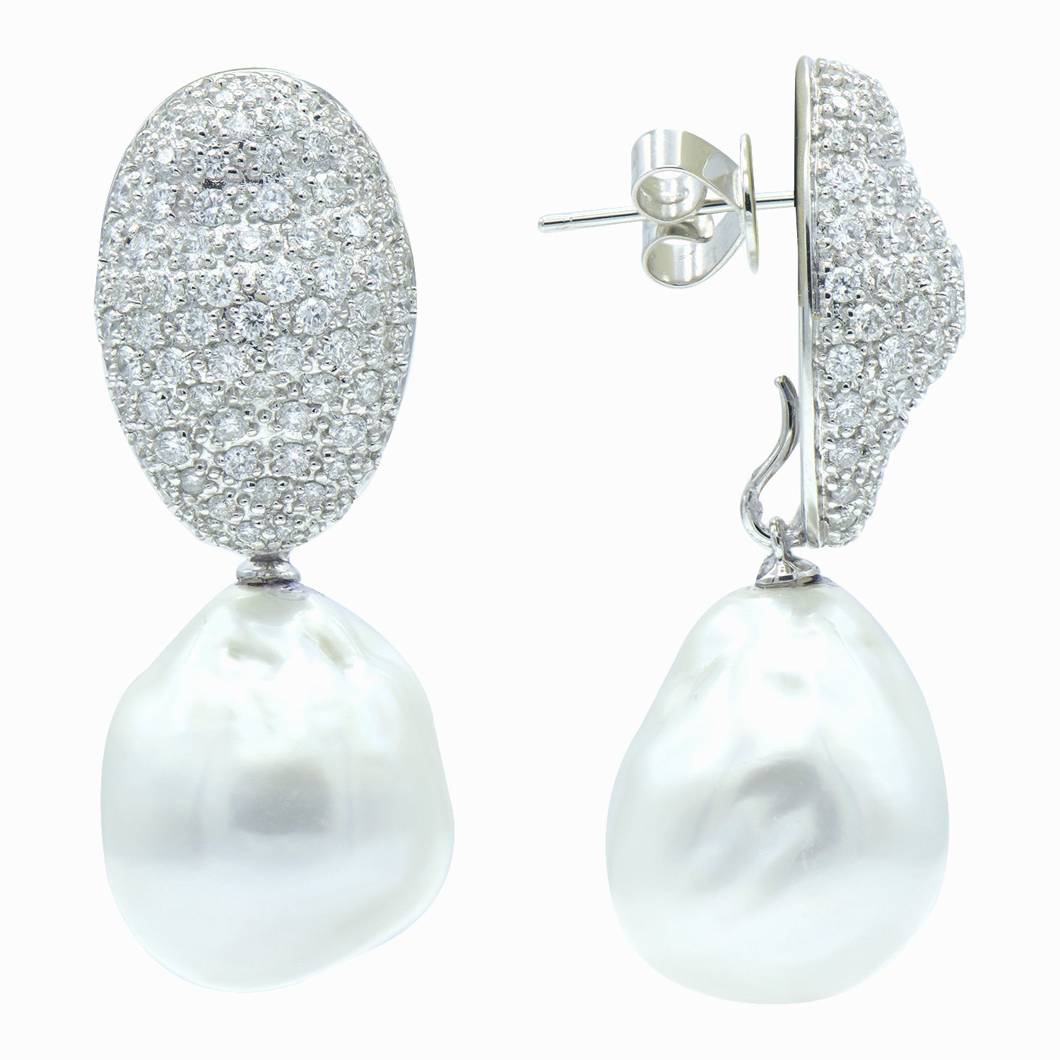 18KW White South Sea Pearl Earrings, 15-16mm