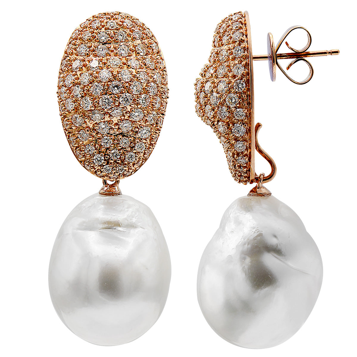 18KR White South Sea Pearl Earrings, 15-16mm