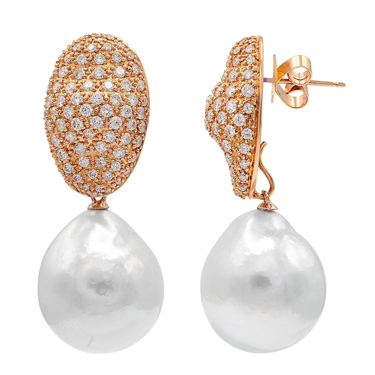 18KR White South Sea Pearl Earrings, 15-16mm
