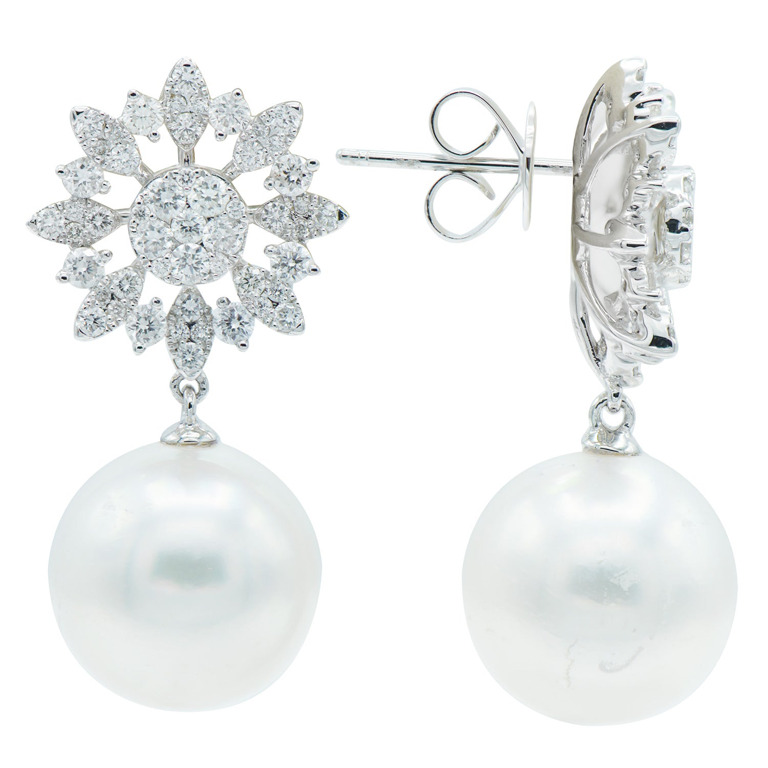 18KW White South Sea Pearl Earrings, 13-14mm