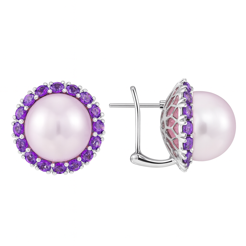 18K White Gold Amethyst Freshwater Pearl Earrings, 13-14mm, 2.77ct