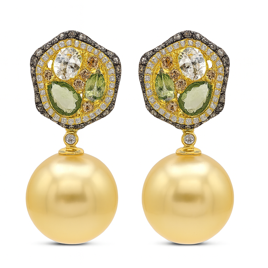 18K Yellow Gold South Sea Pearl Earrings, 13-14mm, 2.81ct