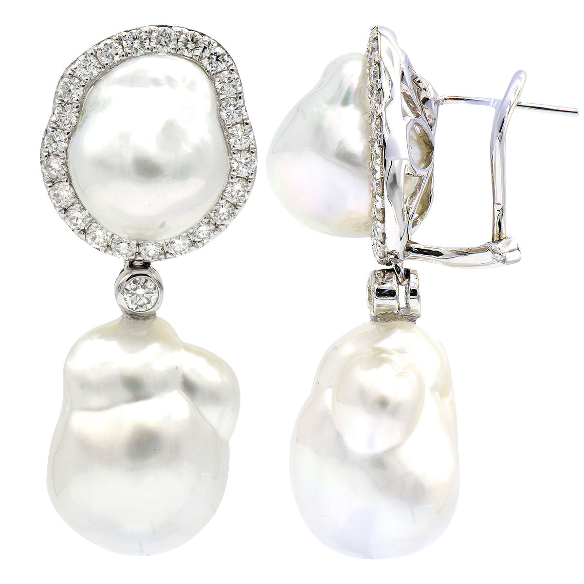 18KW White South Sea Pearl Earrings, 12-14mm