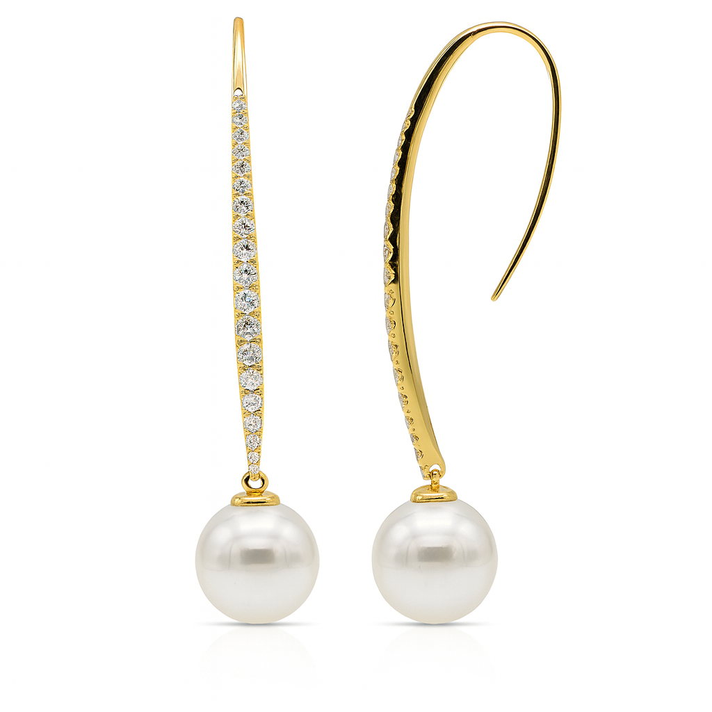 18K Yellow Gold South Sea Pearl Earrings, 10-11mm, 0.56ct