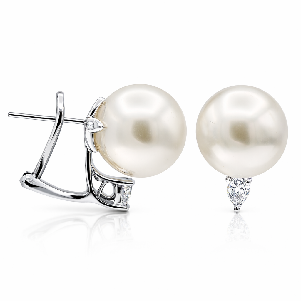 18K White Gold South Sea Pearl Earrings, 13-14mm, 0.38ct